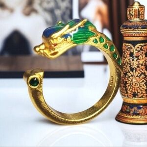 18k Gold Plated Ornate Asian Dragon Enamel Jewel Ring